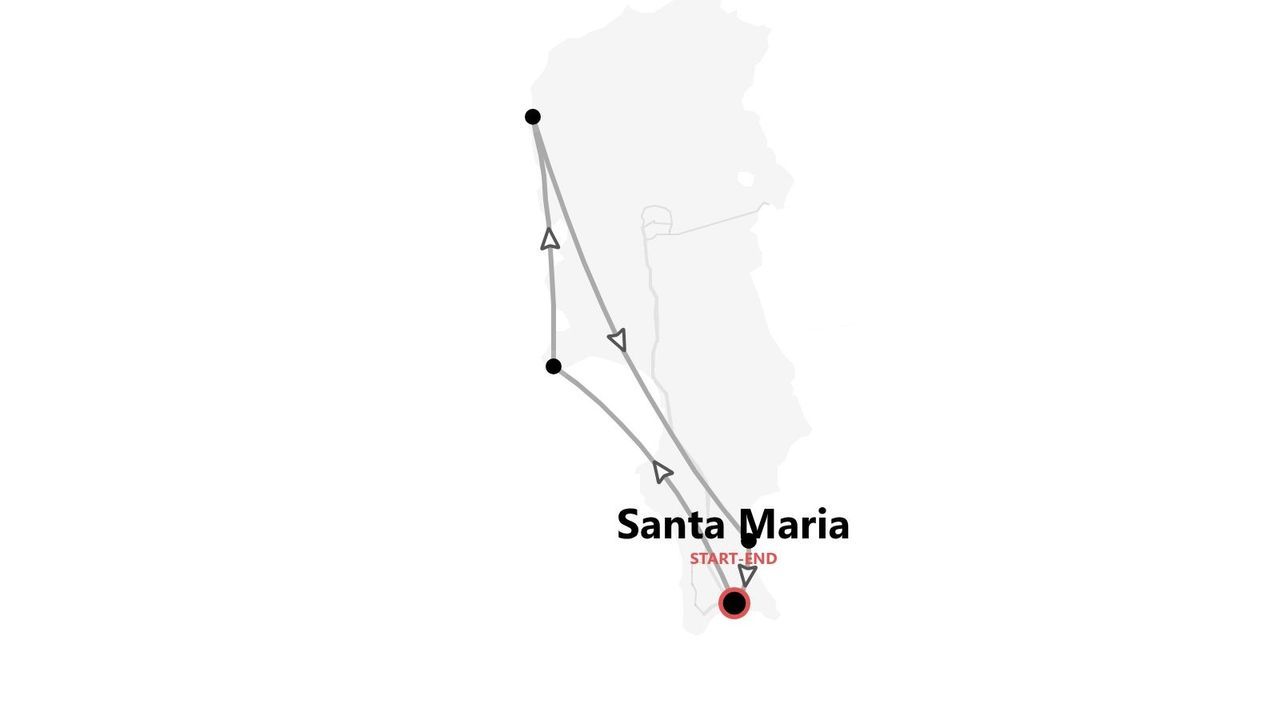 Un mapa que muestra una ruta de viaje circular con múltiples paradas, comenzando y terminando en Santa María.