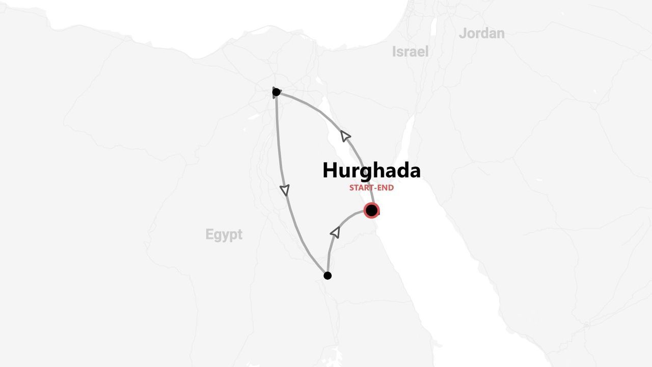 Eine Karte mit einer Ägypten-Reiseroute, die in Hurghada beginnt und endet.