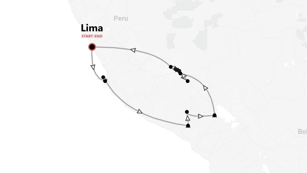 A map showing a tour itinerary through Peru, starting and ending in Lima, with stops along a circular route.
