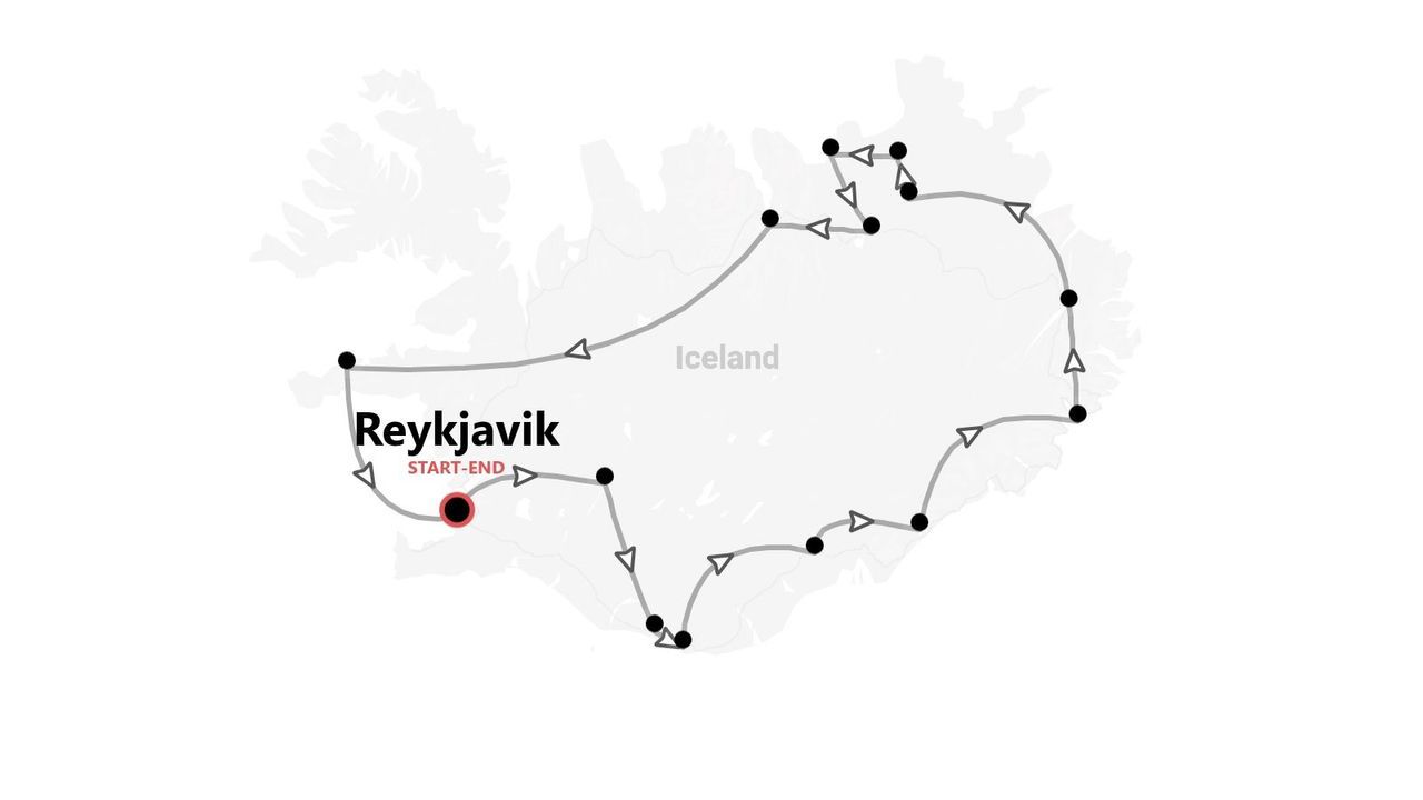 An itinerary map showing a circular travel route around Iceland, starting and ending in Reykjavik.