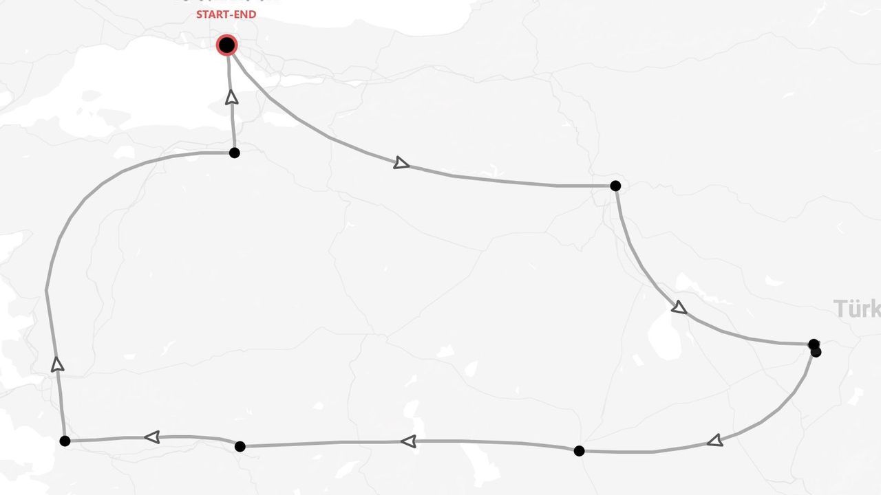 A map showing a circular travel itinerary through Turkey, with waypoints and a combined start-end point.