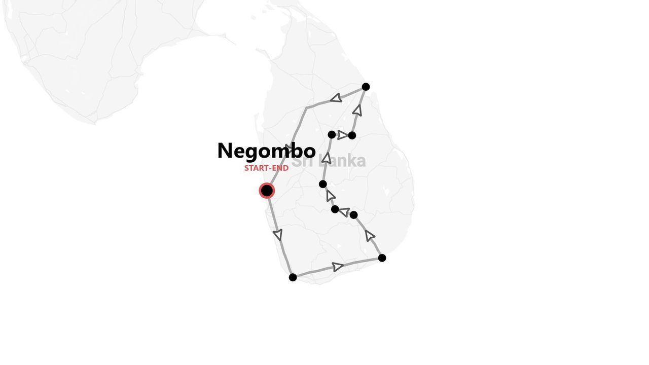 A map of a travel itinerary in Sri Lanka, showing a circular route that starts and ends in Negombo.
