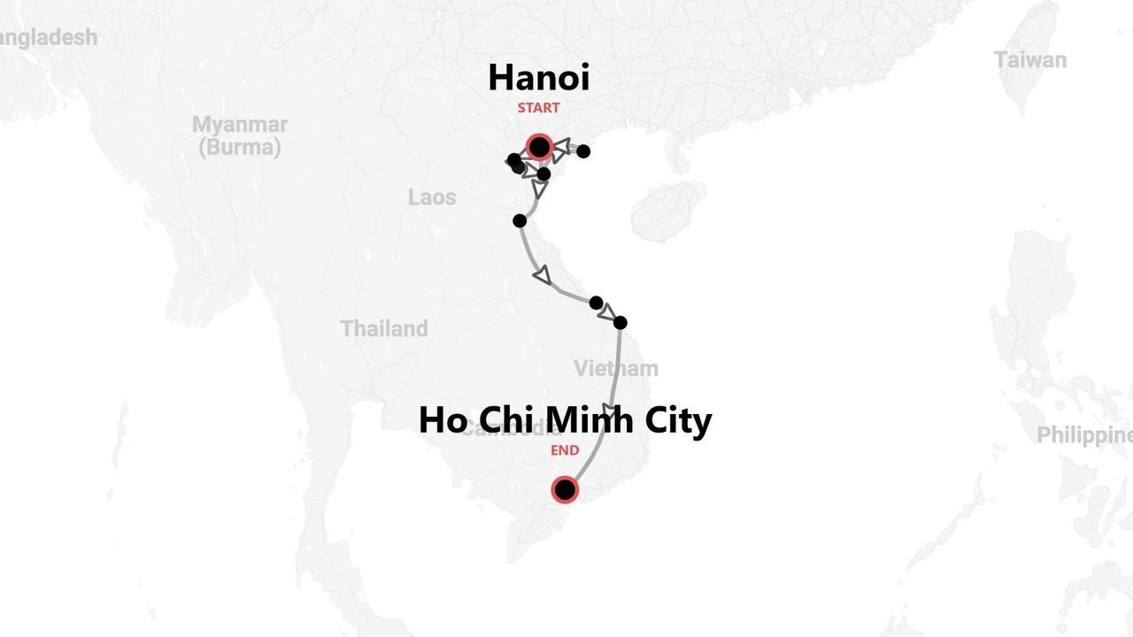 A map of Vietnam showing a travel itinerary, starting in Hanoi and ending in Ho Chi Minh City.
