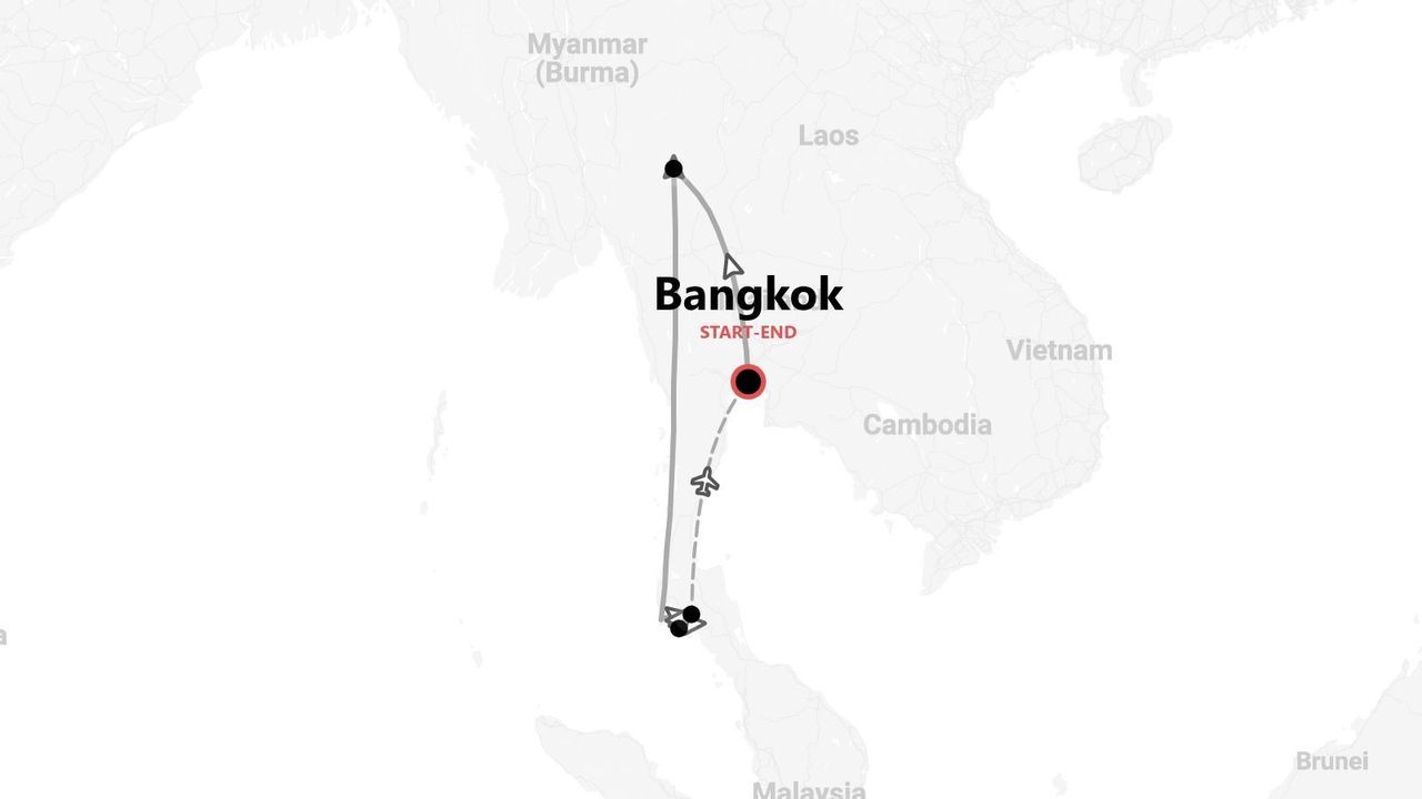 A map of a travel itinerary in Thailand, starting and ending in Bangkok, with flight routes shown.