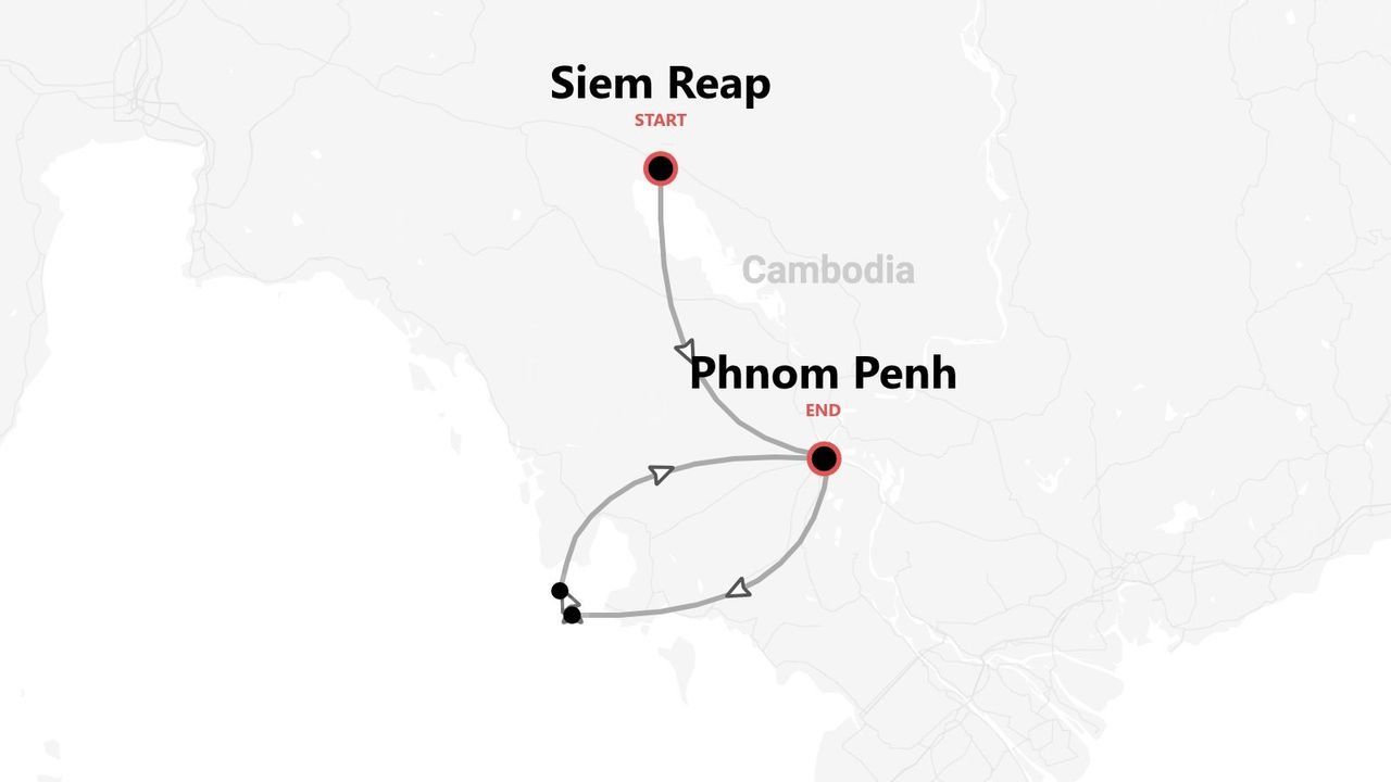 Reiserouten-Karte für Kambodscha: Von Siem Reap nach Phnom Penh.