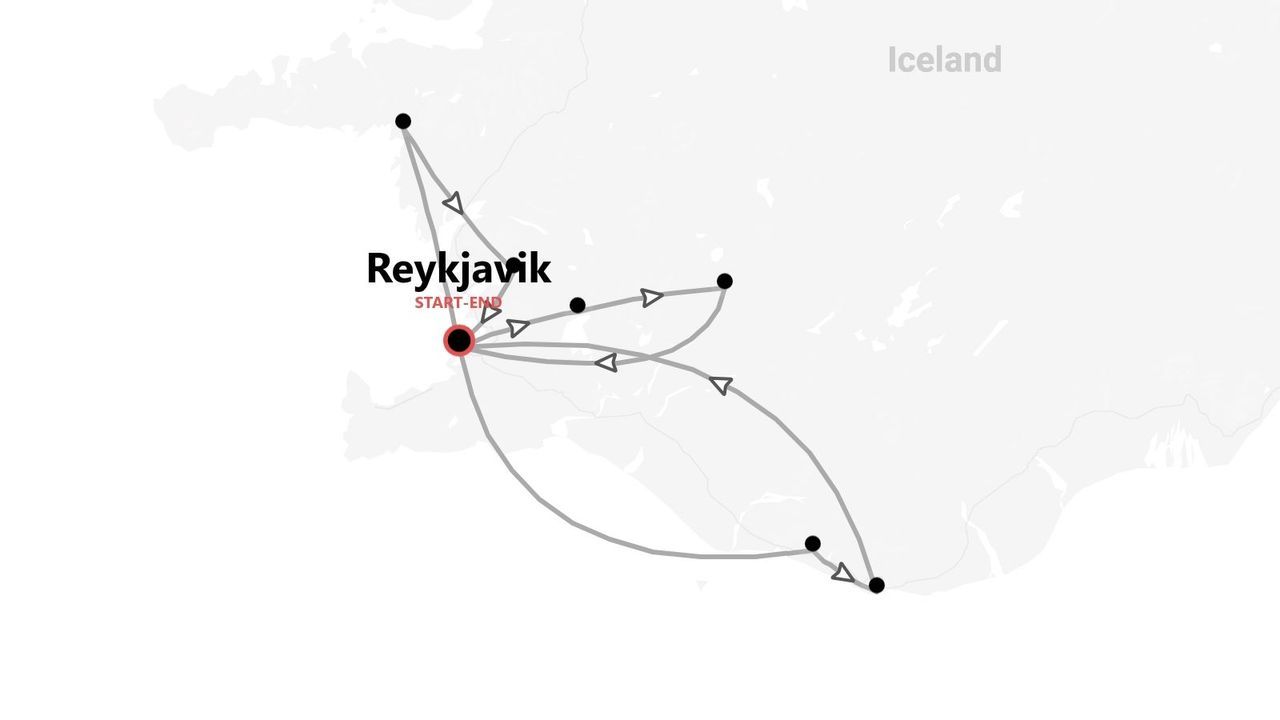 A minimalist map of Iceland showing a travel itinerary with multiple stops, starting and ending in Reykjavík.