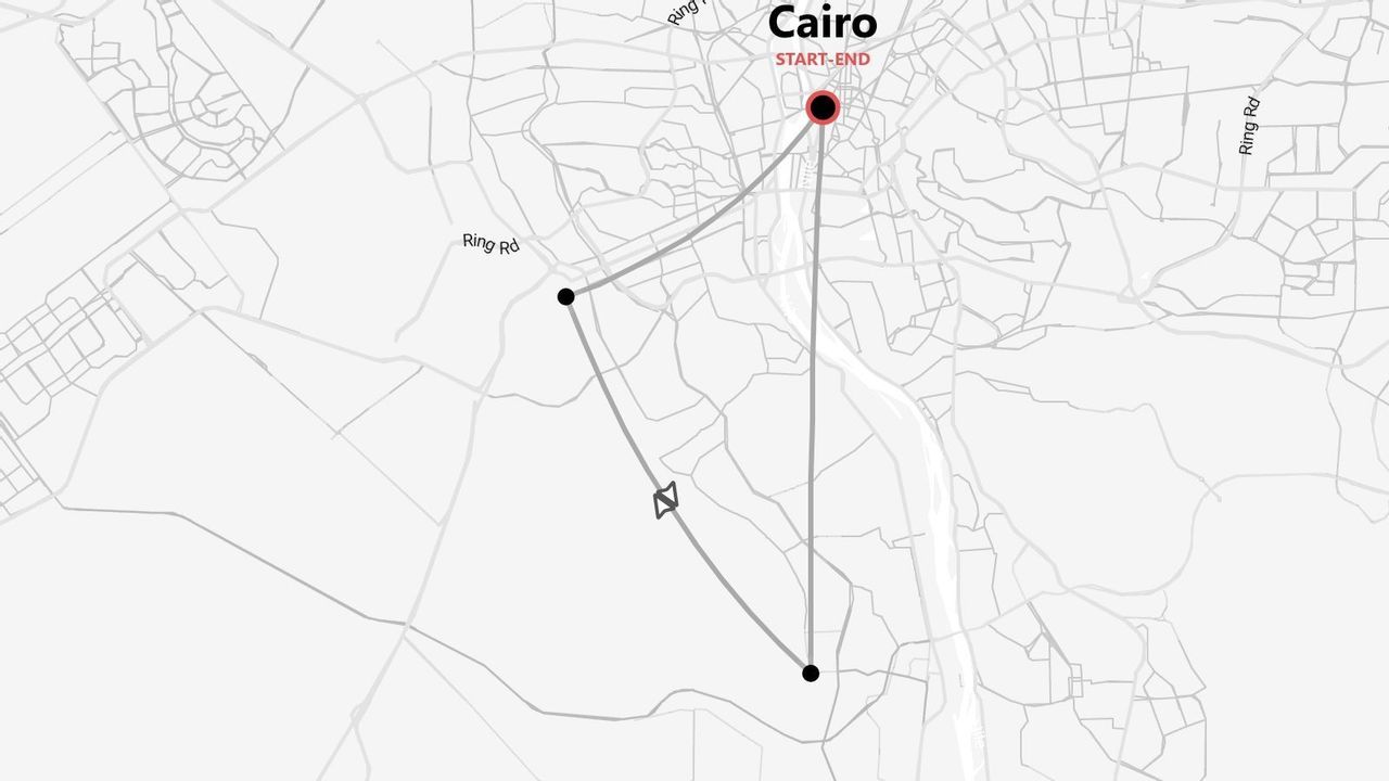 A stylized map of a travel itinerary with a start and end point in Cairo, showing a looped route with several waypoints.