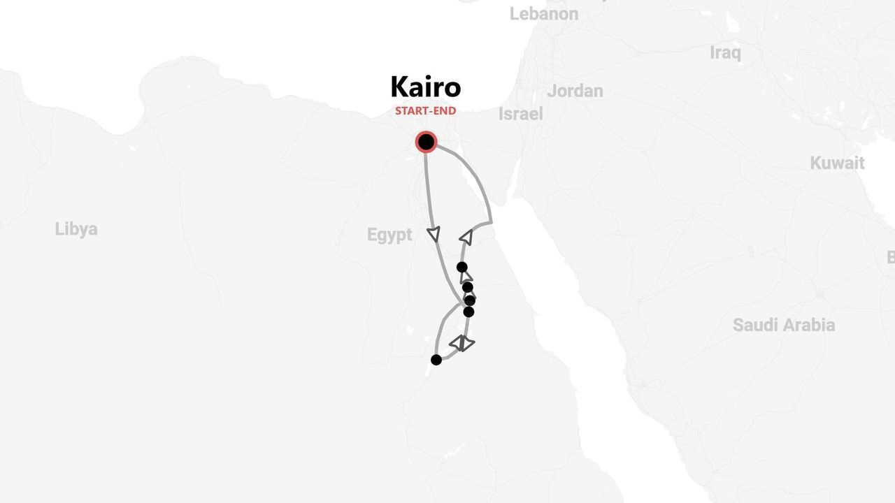 Eine Karte, die eine Reiseroute in Ägypten zeigt, die in Kairo beginnt und endet, mit mehreren Stopps entlang einer südlichen Route.