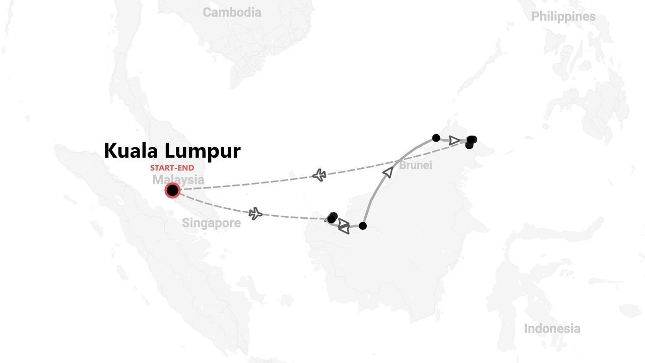 Eine Karte einer Reiseroute durch Malaysia, die in Kuala Lumpur beginnt und endet und eine Rundreise über die Insel Borneo einschließt.
