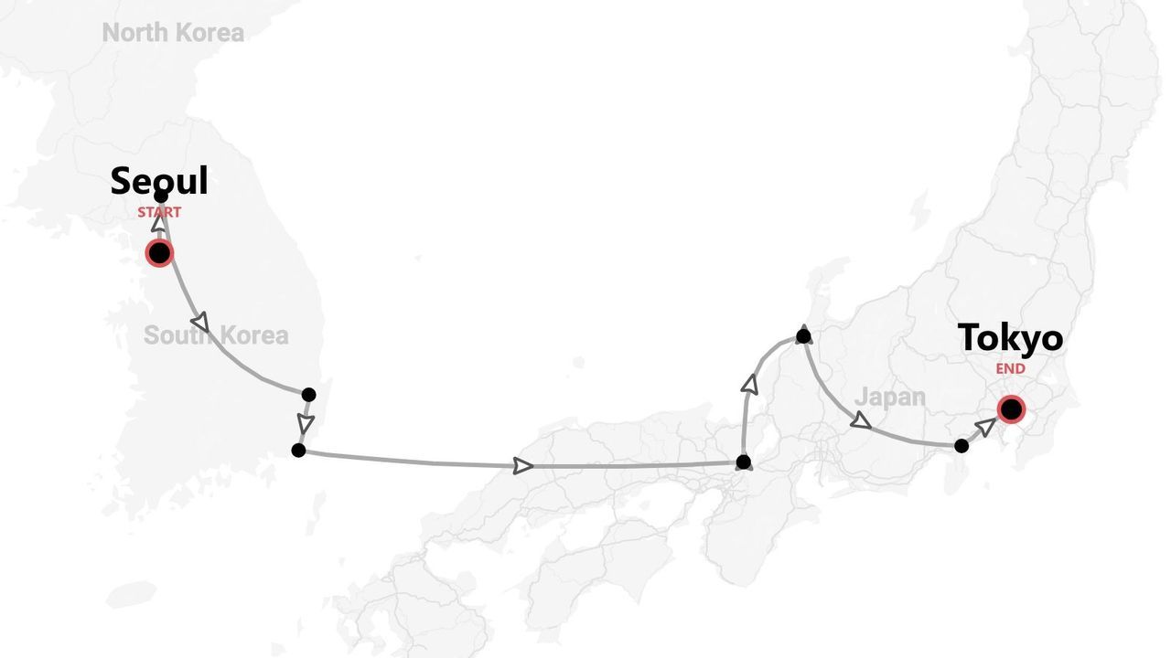 A map showing a travel itinerary from Seoul, South Korea to Tokyo, Japan.