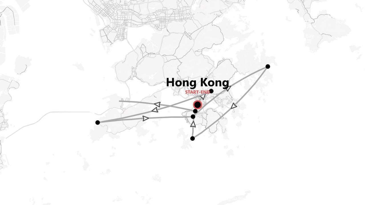 A stylized map of Hong Kong showing a travel itinerary with multiple stops, and a combined start and end point.