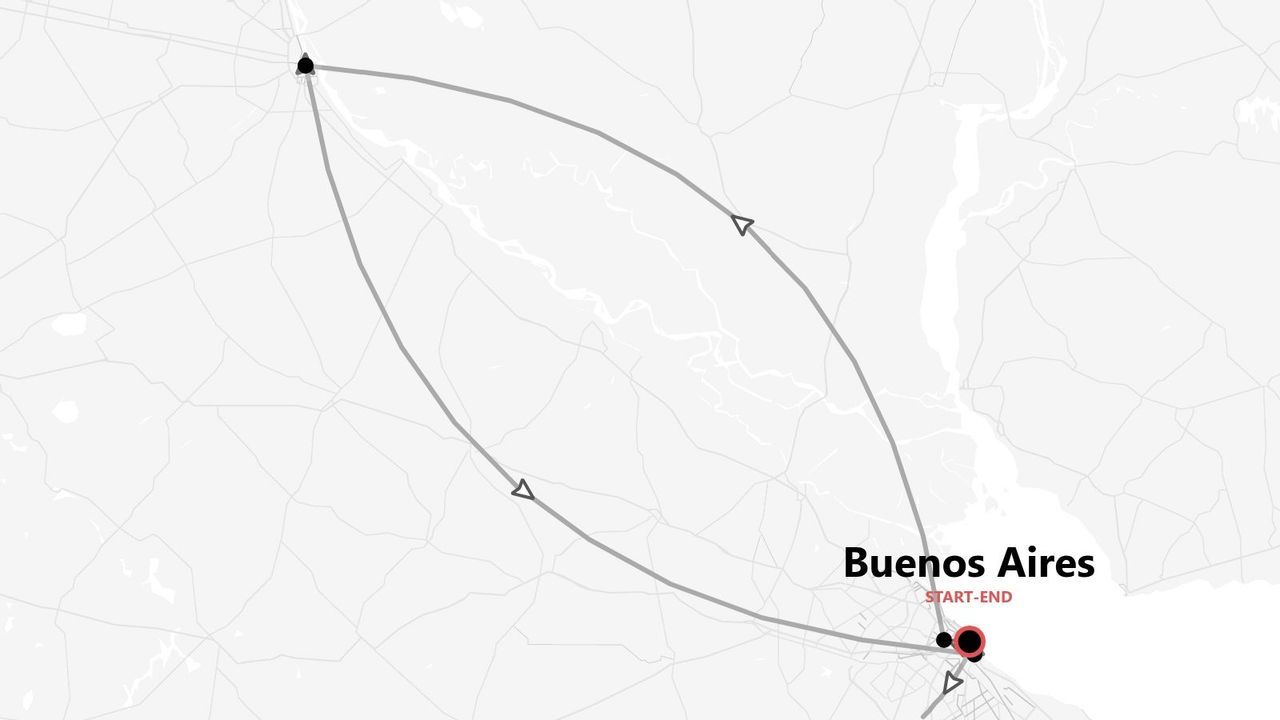 Mappa in scala di grigi di un itinerario ad anello con partenza e arrivo a Buenos Aires.