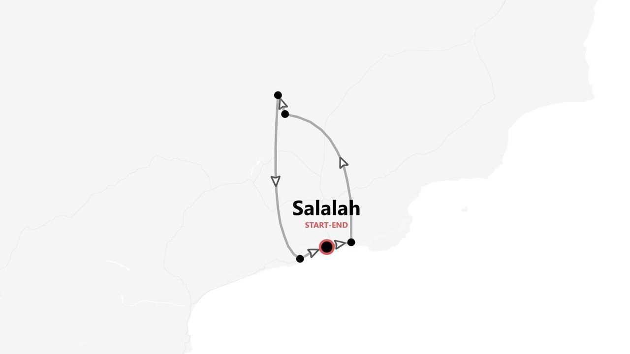 Mappa di un itinerario di viaggio circolare, con Salalah come punto di partenza e arrivo.