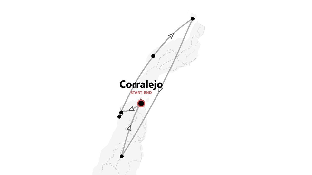 Mapa de itinerario de viaje con inicio y fin en Corralejo.