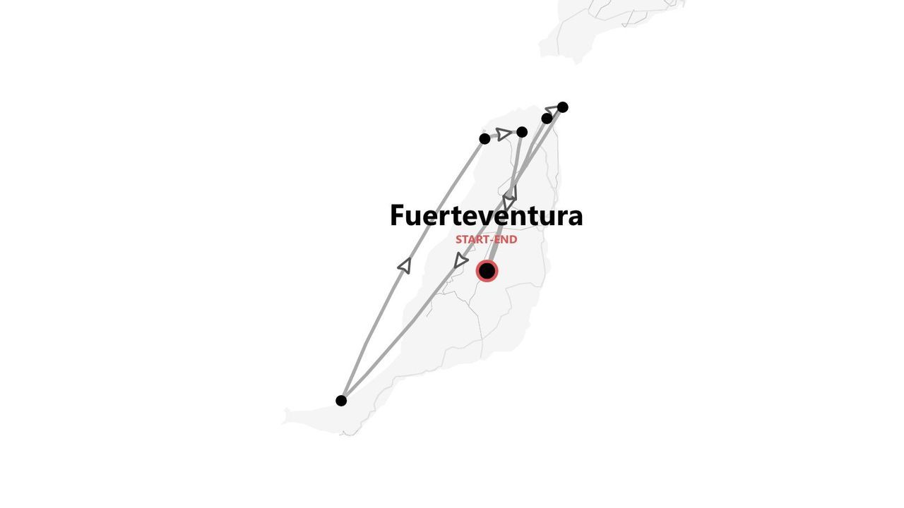Una mappa dell'isola di Fuerteventura che mostra un itinerario di viaggio con varie tappe, contrassegnato da un chiaro punto di inizio e fine.
