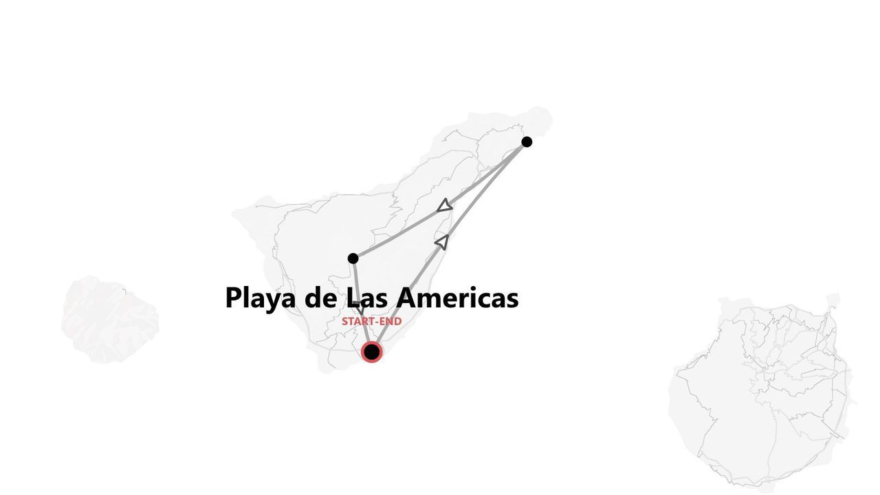 Una mappa itinerario minimalista di un'isola, con il percorso che inizia e termina a Playa de Las Américas.