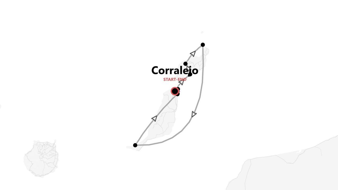 Una mappa stilizzata che illustra un itinerario circolare sull'isola, con inizio e fine a Corralejo.