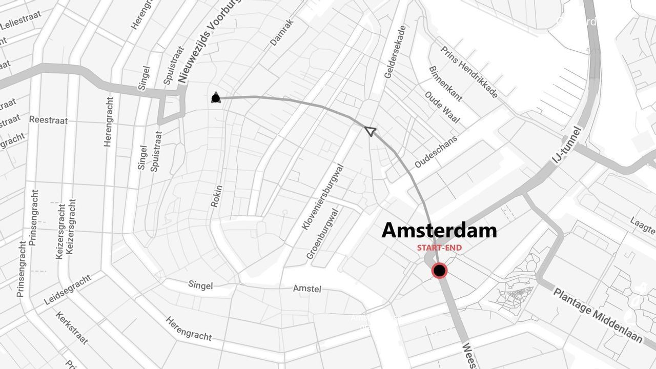 A grayscale map of Amsterdam showing a route with a start and end point, passing through streets like Singel and Kloveniersburgwal.
