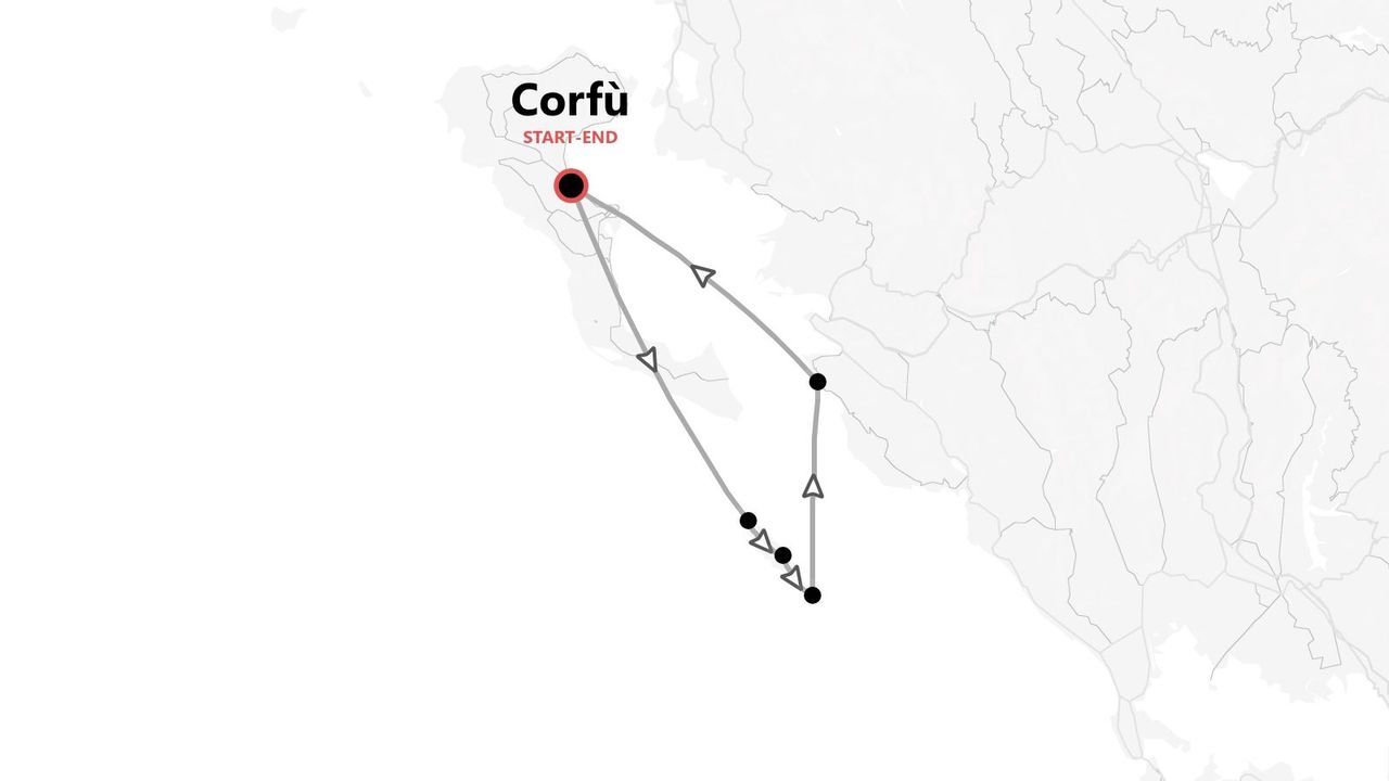 Una mappa stilizzata che mostra un itinerario di viaggio che inizia e finisce a Corfù, con il percorso indicato da una linea grigia ad anello con punti di interesse.