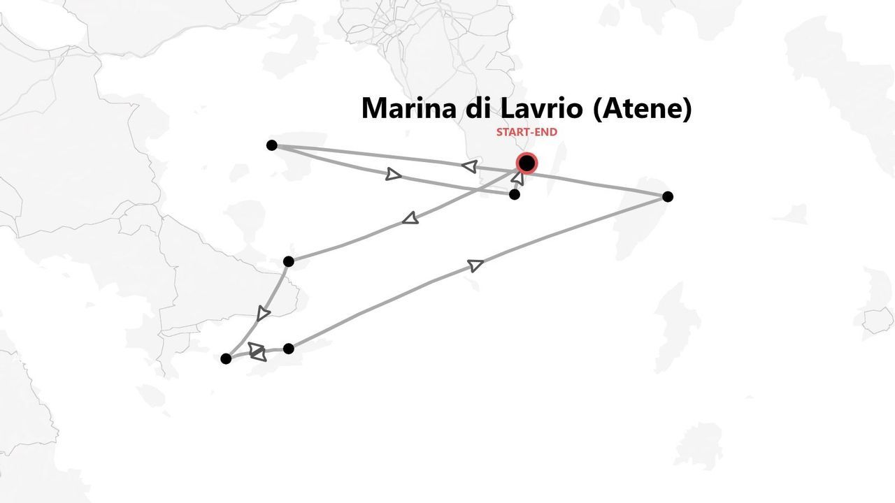 Una mappa che mostra un itinerario di viaggio circolare che inizia e finisce a Marina di Lavrio, Atene.