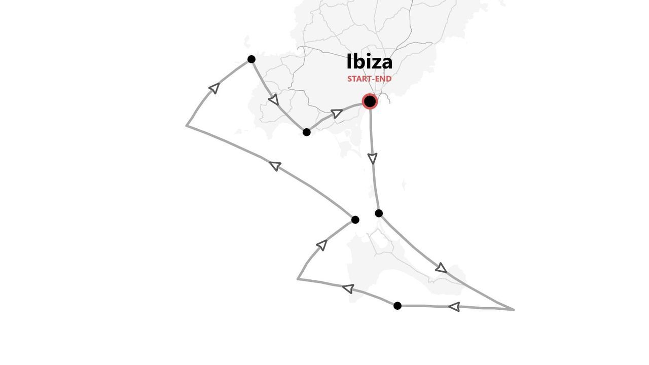 Una mappa che mostra l'itinerario per un viaggio a Ibiza, con un percorso che inizia e finisce nello stesso punto segnato.