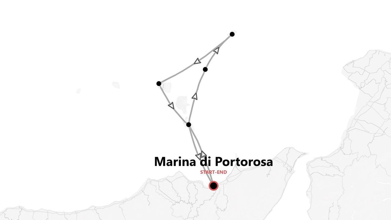 Una mappa che mostra un itinerario di viaggio che inizia e finisce a Marina di Portorosa.