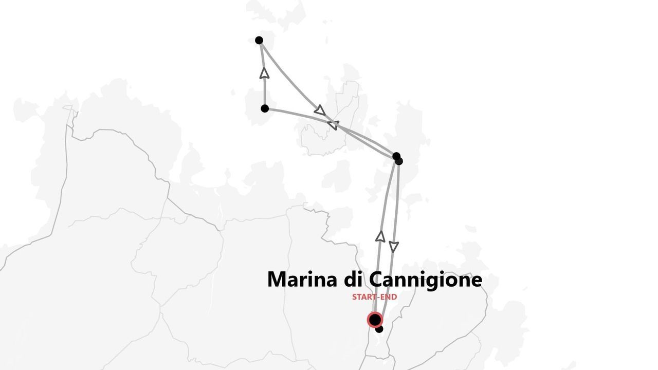 Mappa stilizzata di un itinerario di viaggio con partenza e arrivo a Marina di Cannigione.