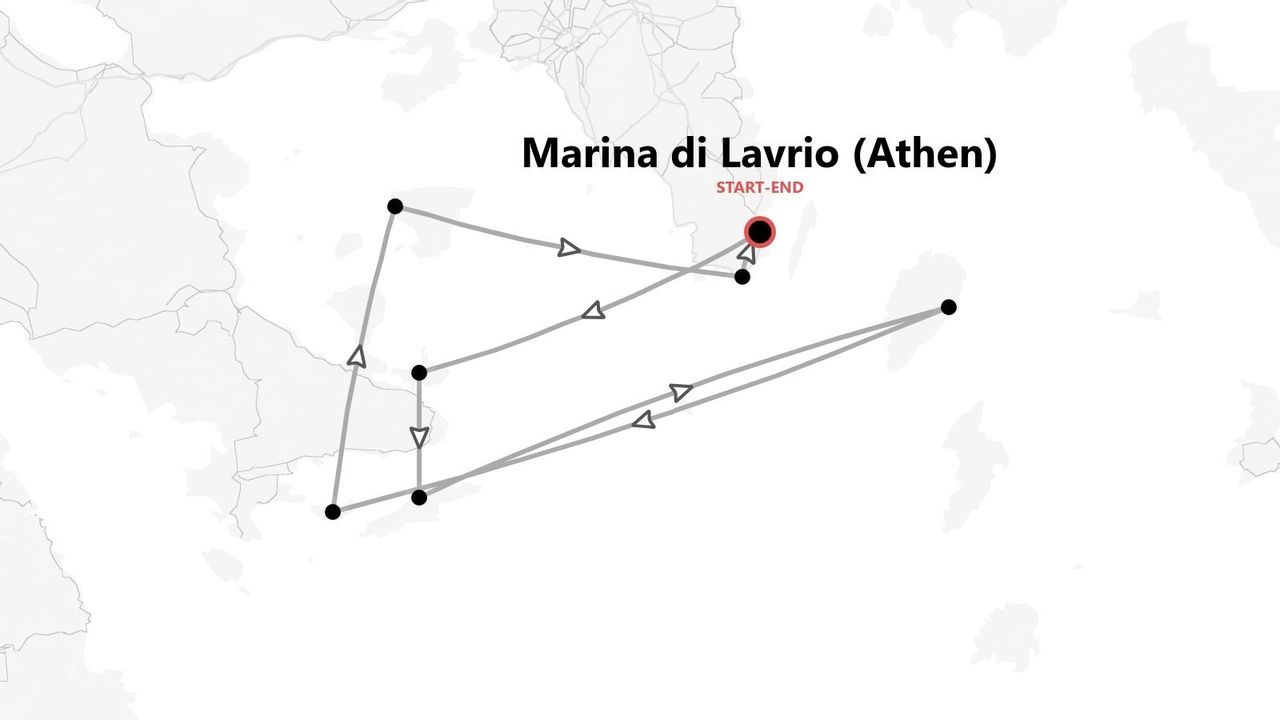 Eine stilisierte Karte, die eine Reiseroute mit Linien und Punkten zeigt, beginnend und endend in Marina di Lavrio, Athen.
