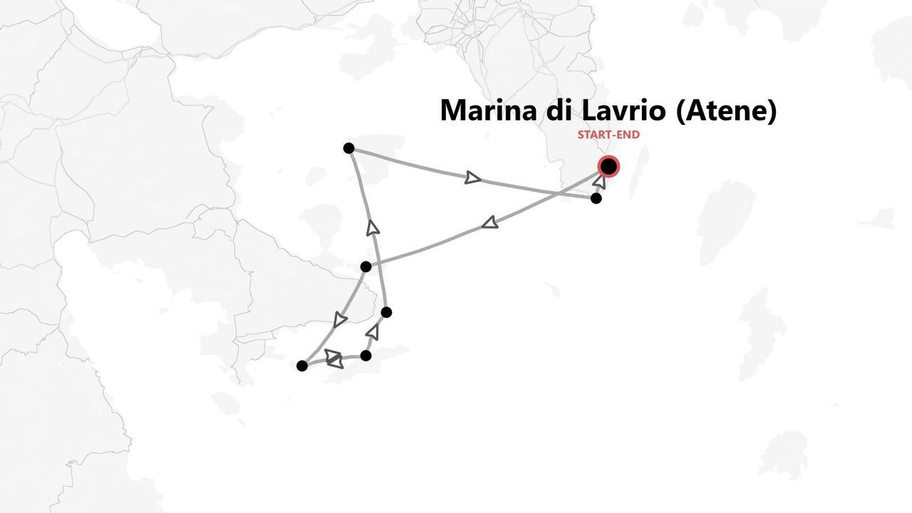 Una mappa che mostra un itinerario con partenza e arrivo a Marina di Lavrio, Atene.