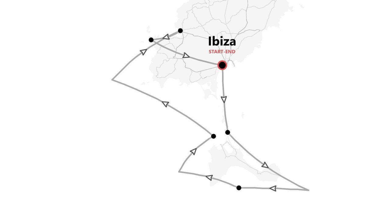 Una mappa che mostra un itinerario turistico circolare per Ibiza, con tappe segnate, con inizio e fine a Ibiza.