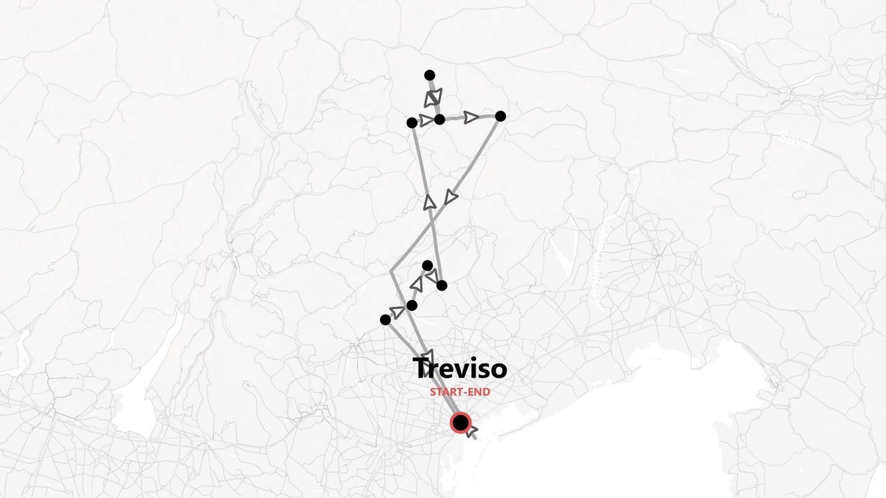 Un mapa estilizado que muestra un itinerario de viaje en bucle, comenzando y terminando en Treviso, con la ruta destacada.