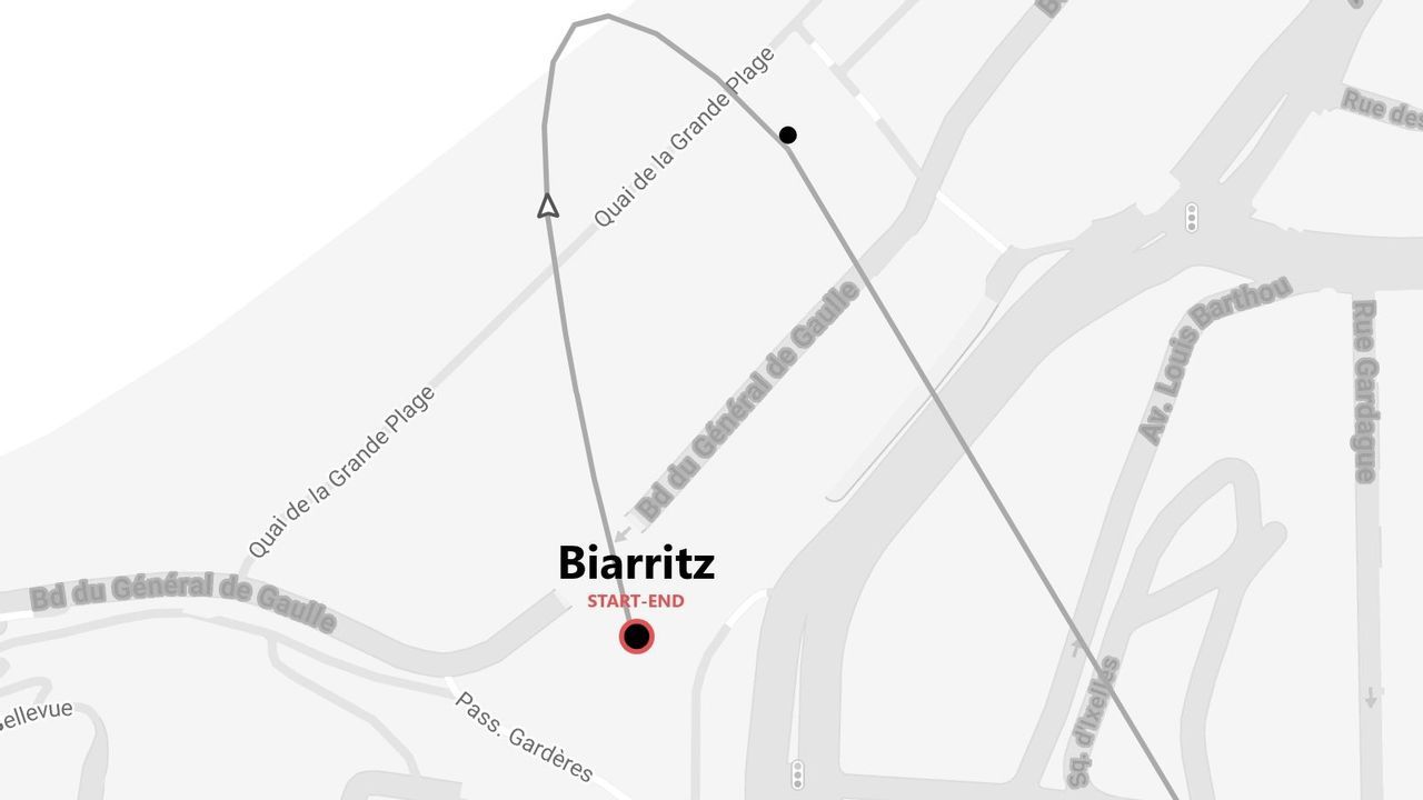 Mappa semplificata di un percorso con partenza e arrivo nelle vie di Biarritz, che include Quai de la Grande Plage e Bd du Général de Gaulle.