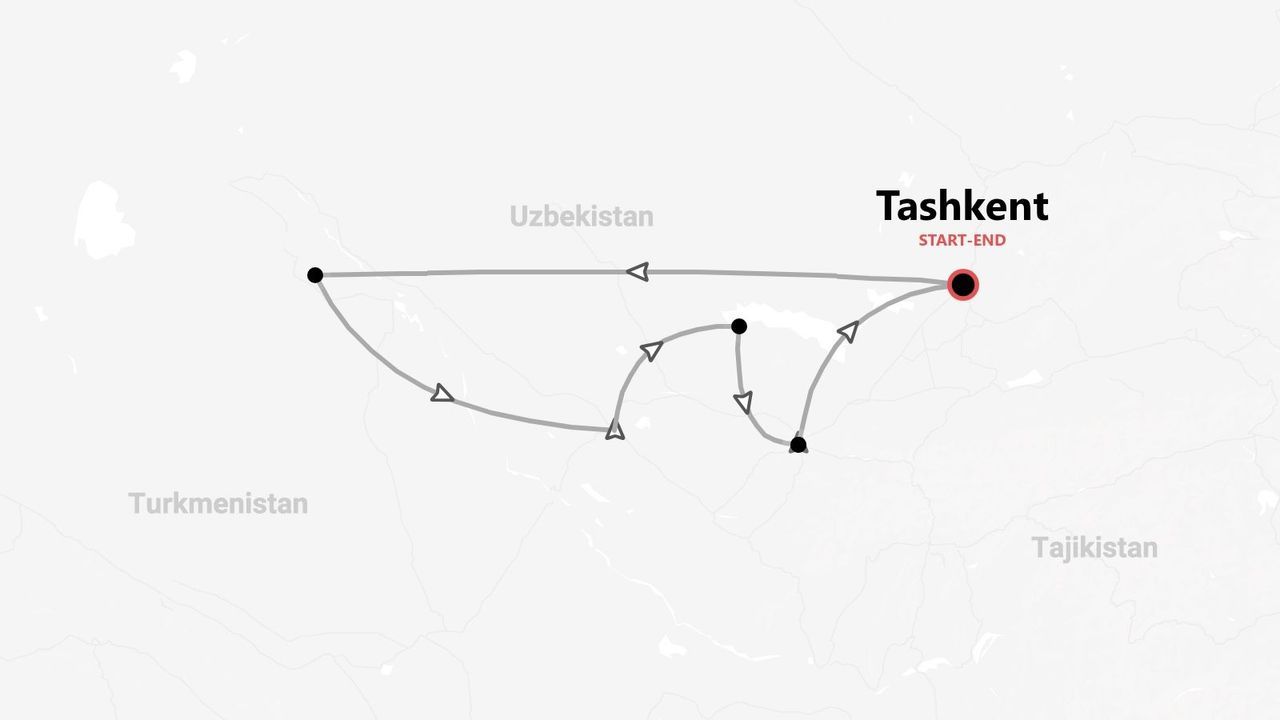 Mapa de una ruta turística por Uzbekistán, con inicio y fin en Taskent.