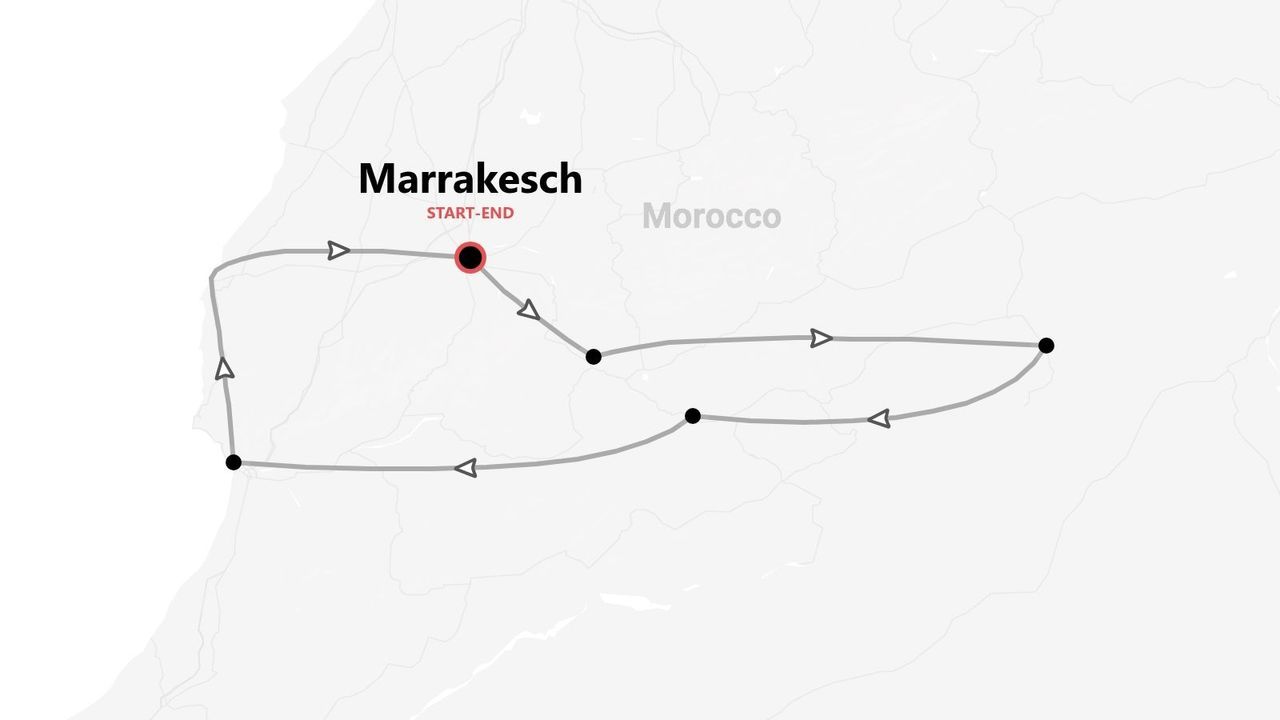 Eine Karte, die eine Reiseroute durch Marokko zeigt, die in Marrakesch beginnt und endet.