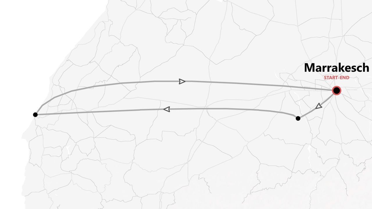Eine Karte mit einer Rundreise, die in Marrakesch beginnt und endet, wobei der Weg durch Linien und Pfeile markiert ist.