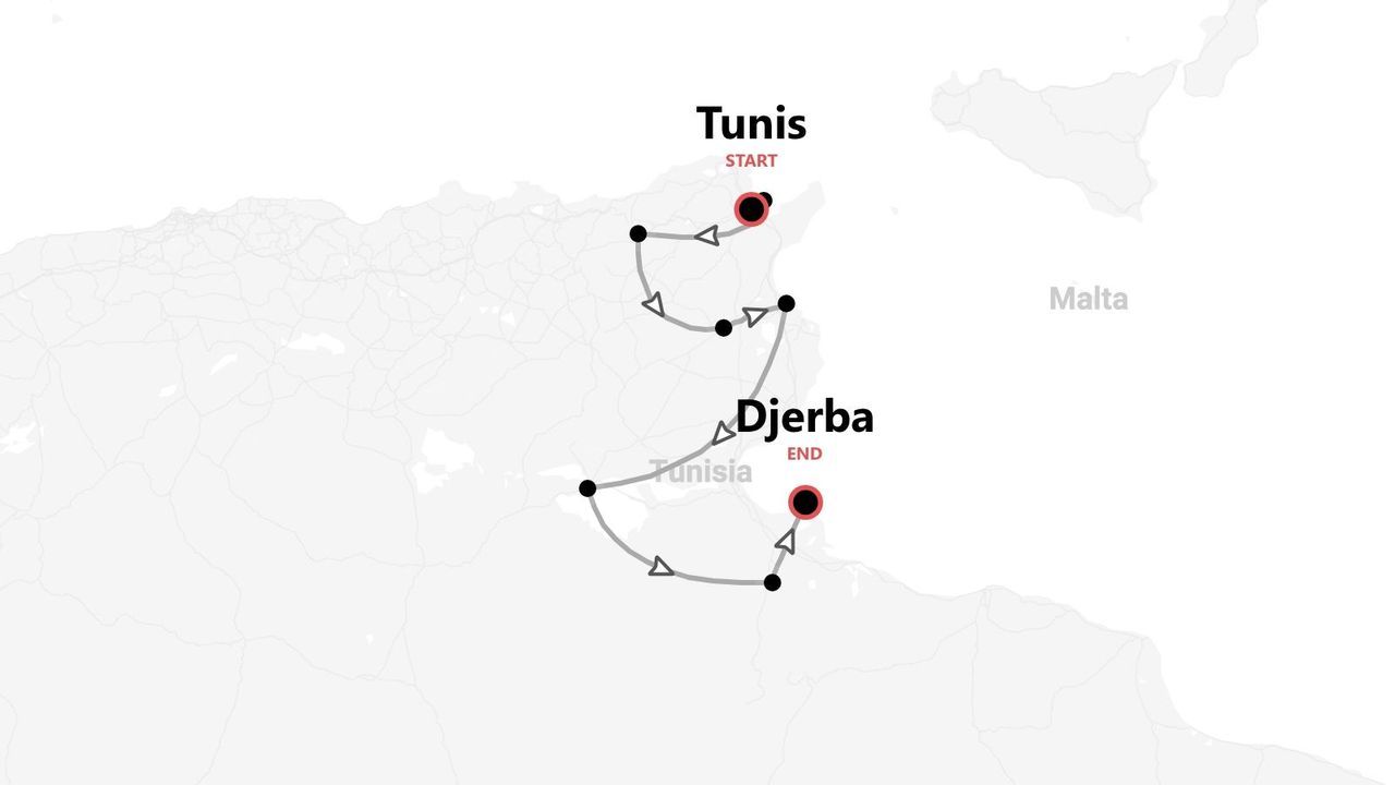 Karte einer Reiseroute durch Tunesien, von Tunis nach Djerba.