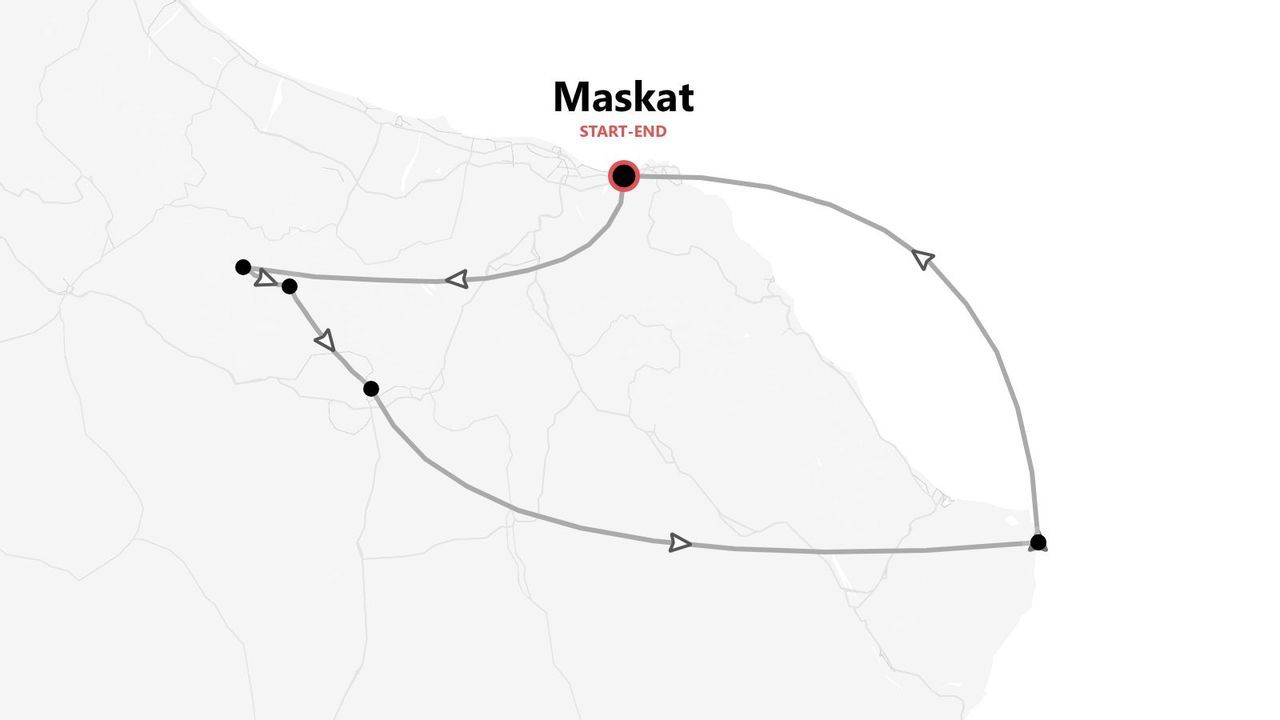 Minimalistische Karte einer Reiseroute, die als Rundkurs in Maskat beginnt und endet und mehrere Stopps zeigt.