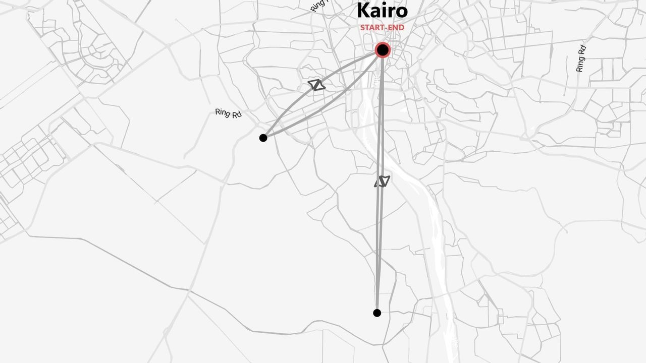 Eine stilisierte Karte von Kairo, beschriftet mit 'Kairo', die eine Reiseroute mit Start- und Endpunkt und mehreren Stationen zeigt.