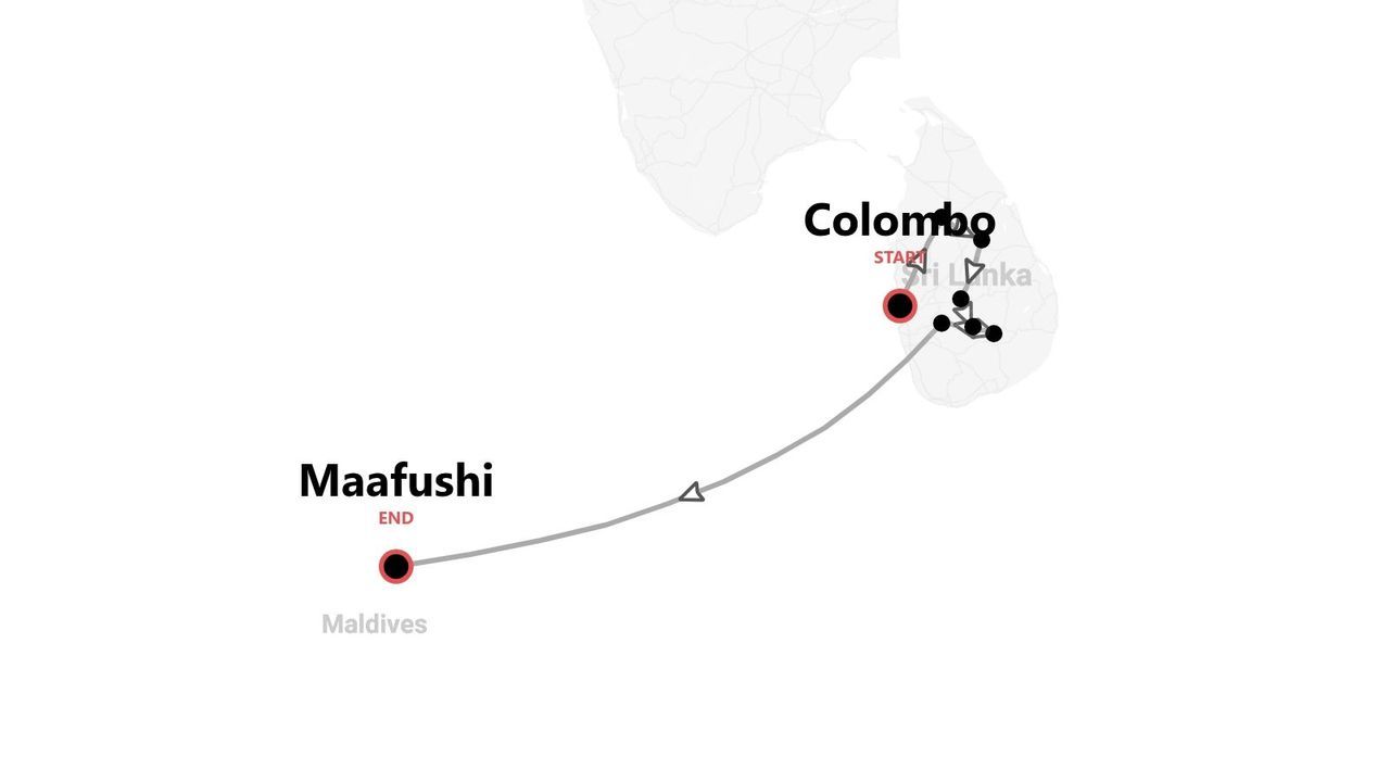 Karte der Reiseroute von Colombo, Sri Lanka, nach Maafushi, Malediven.