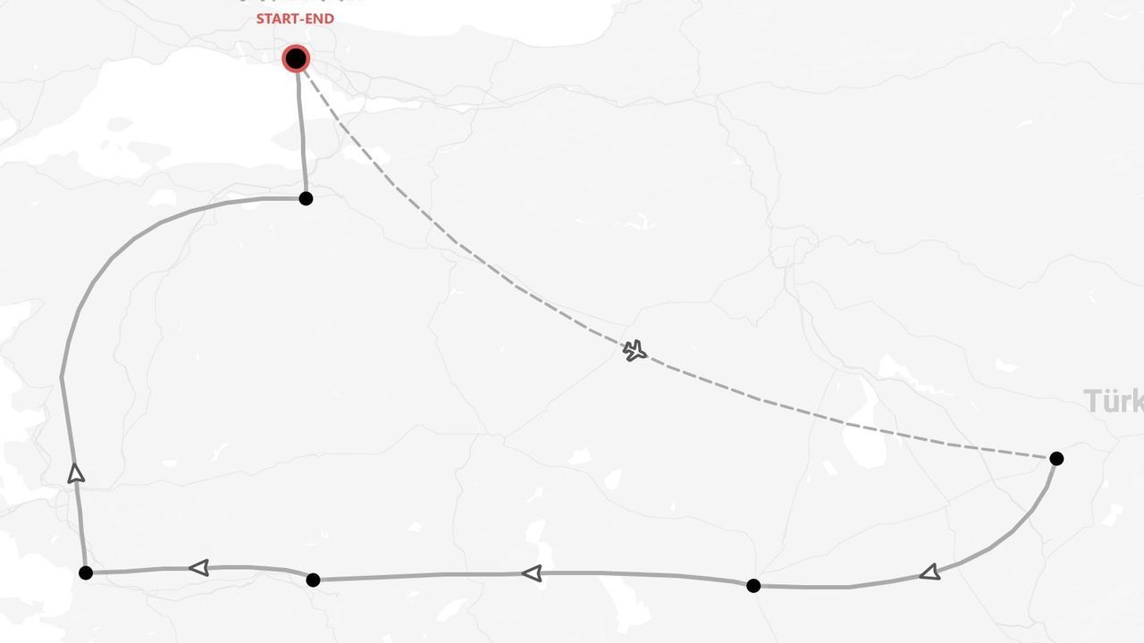 Karte einer Rundreise durch die Türkei, mit Bodenreisen zwischen den Stopps und einem Flug zurück zum Startpunkt.