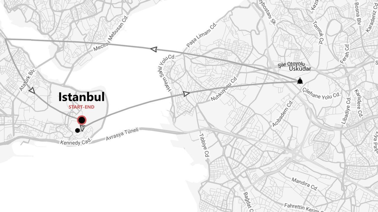 Stilisierte Karte einer Reiseroute in Istanbul, Türkei, mit hervorgehobenen Start- und Endpunkten.