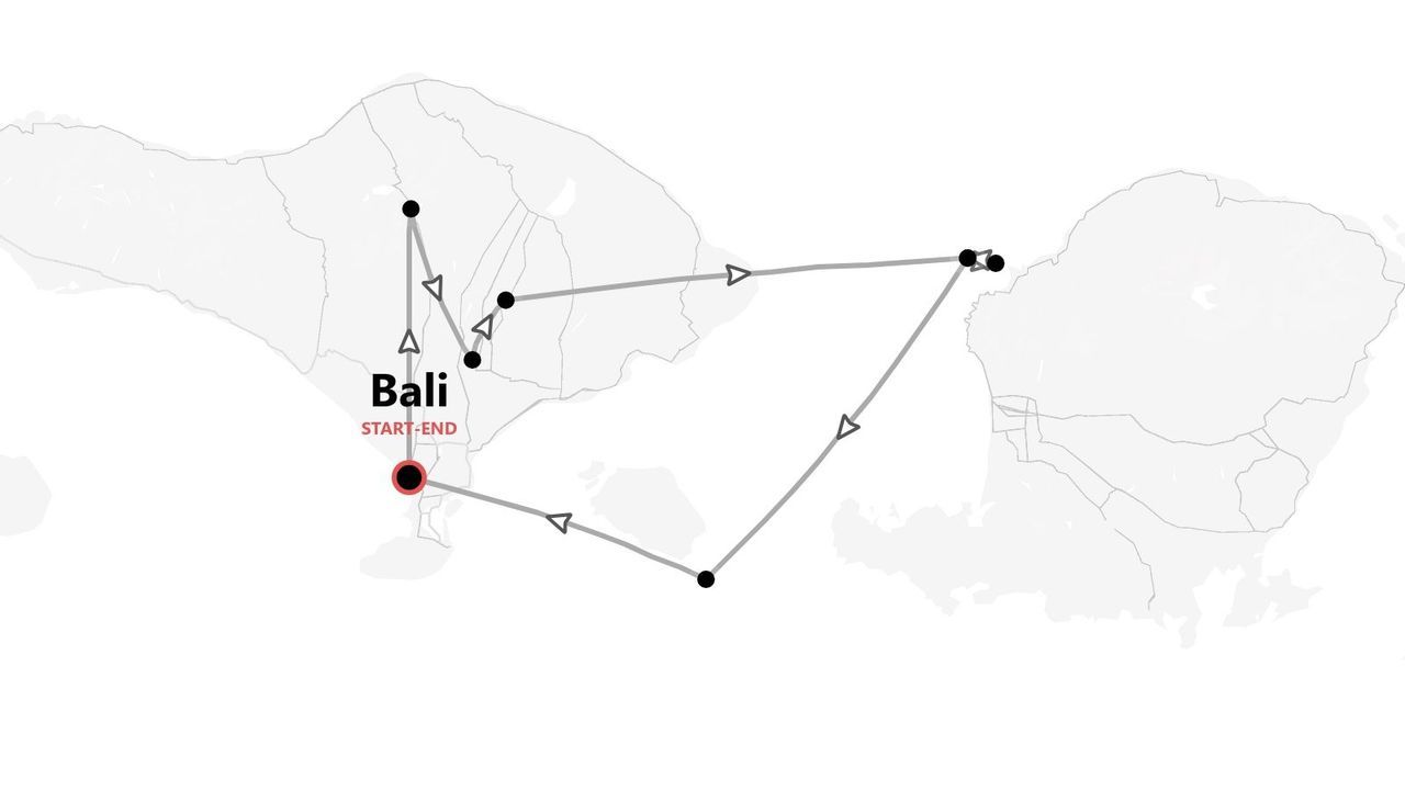 Eine Karte mit einer Reiseroute durch Bali und benachbarte Inseln, inklusive Start- und Endpunkt.