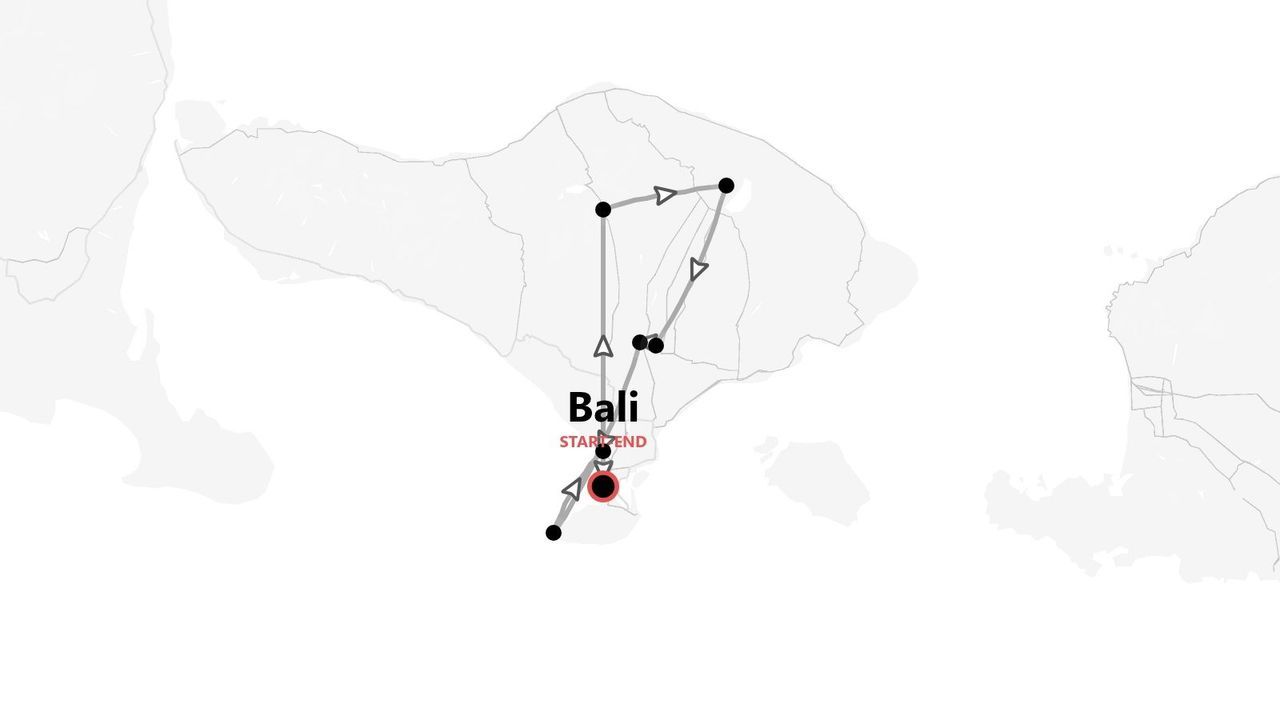 Eine Graustufenkarte von Bali, die eine Reiseroute mit Start- und Endpunkten zeigt.
