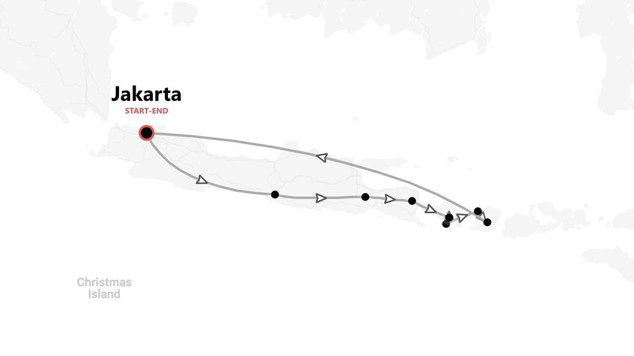 Eine Karte, die eine Rundreise-Reiseroute zeigt, die in Jakarta beginnt und endet und ostwärts über mehrere indonesische Inseln führt.