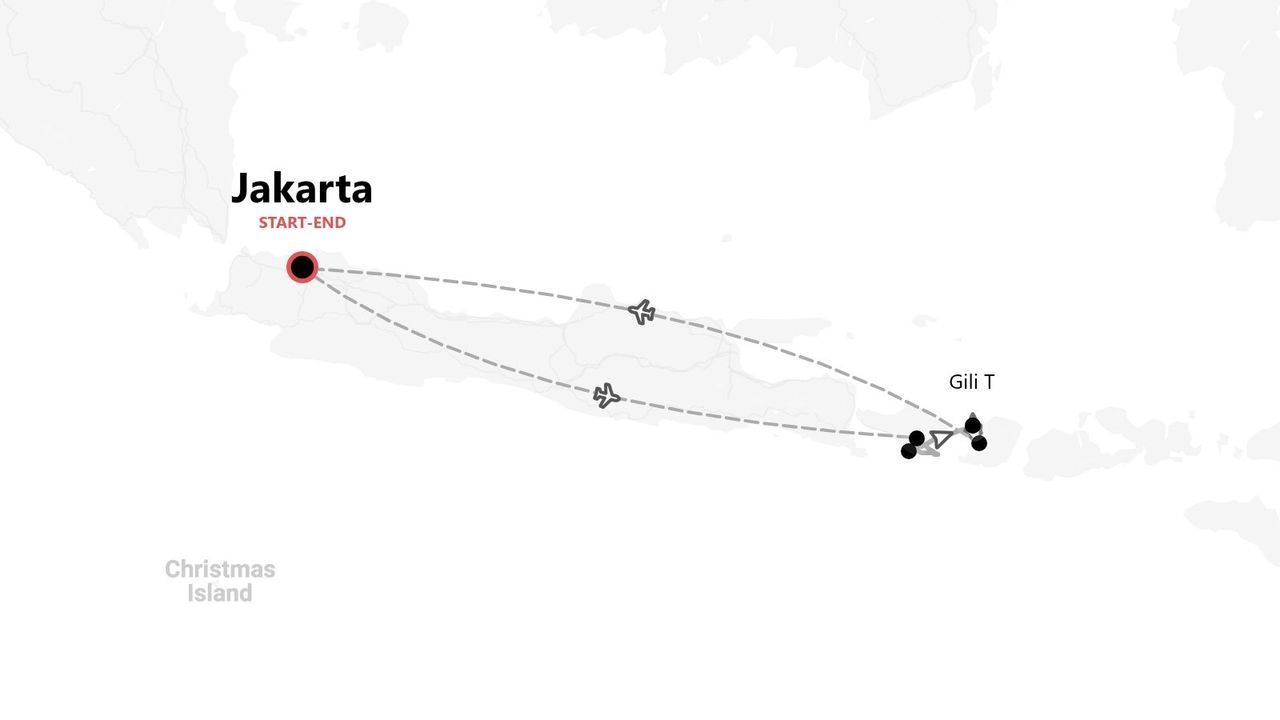 Eine Karte, die eine Reiseroute von und nach Jakarta zeigt, inklusive Flugverbindung nach Gili T.