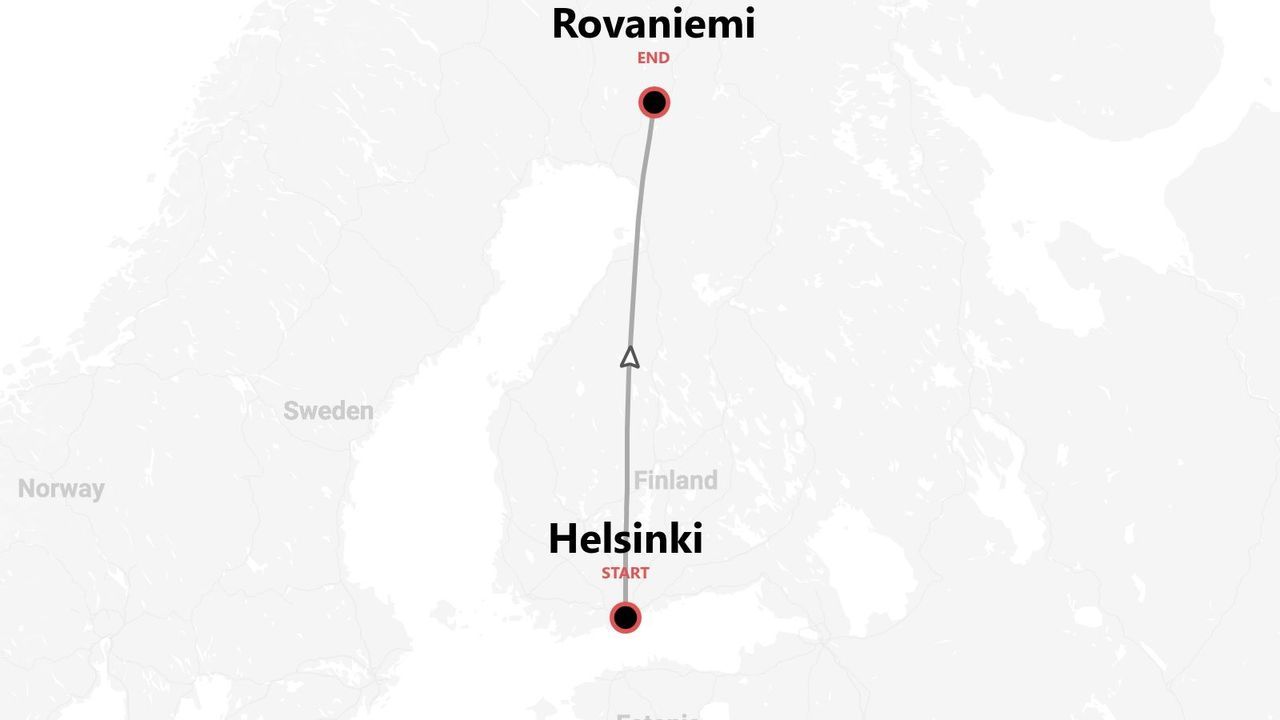 Una mappa che mostra un itinerario di viaggio attraverso la Finlandia, con inizio a Helsinki e fine a Rovaniemi.
