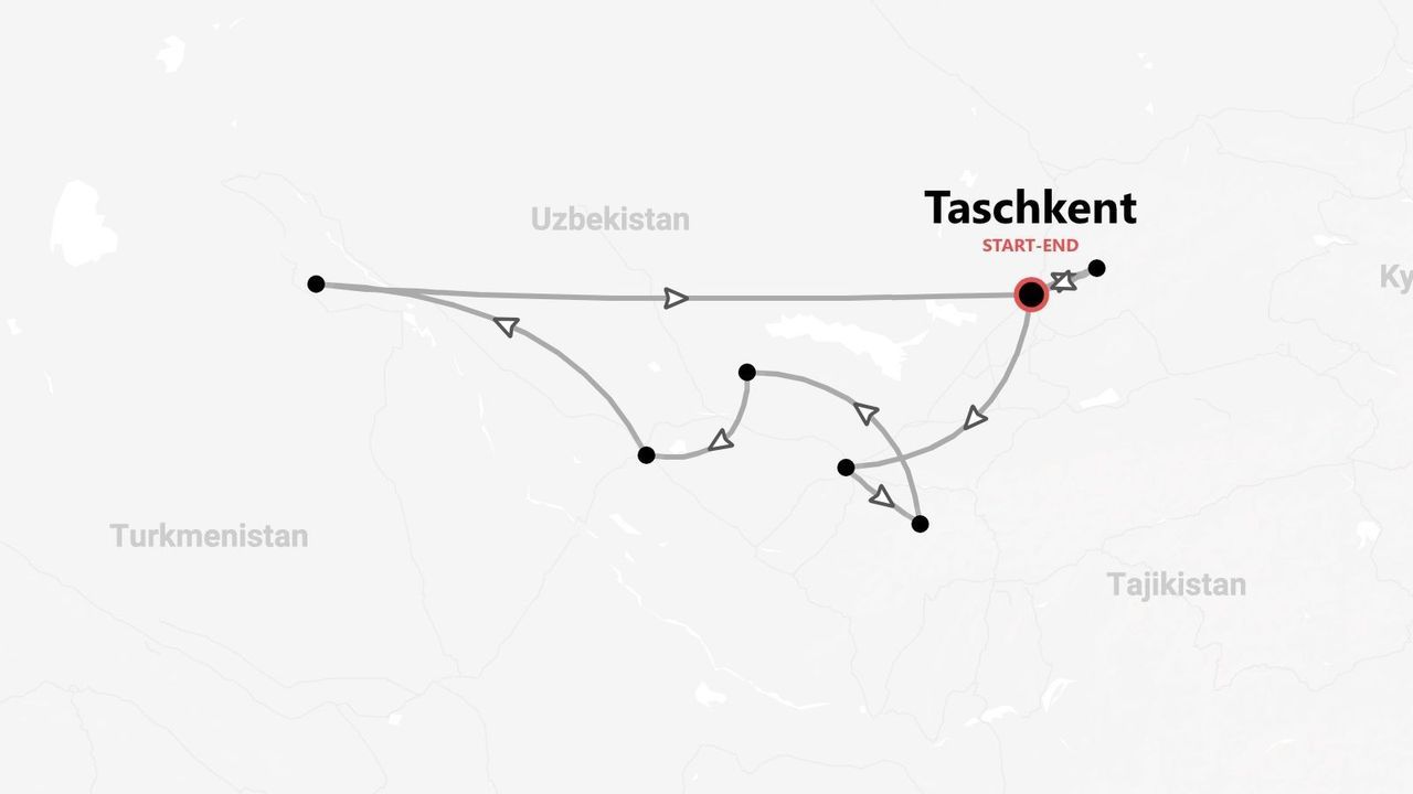 Karte einer Rundreise durch Usbekistan, die in Taschkent beginnt und endet.