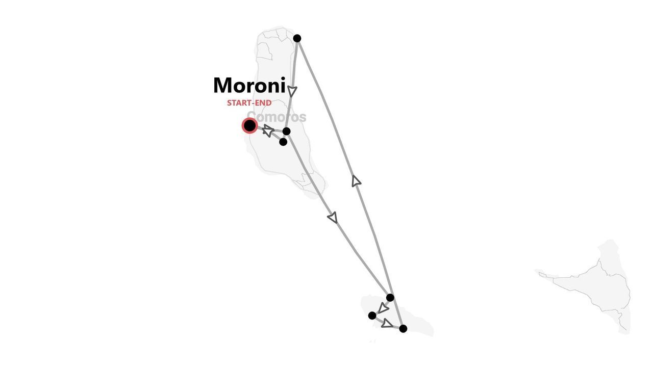 Una mappa che mostra un itinerario di viaggio per le Comore, con il percorso che inizia e finisce nella città di Moroni.