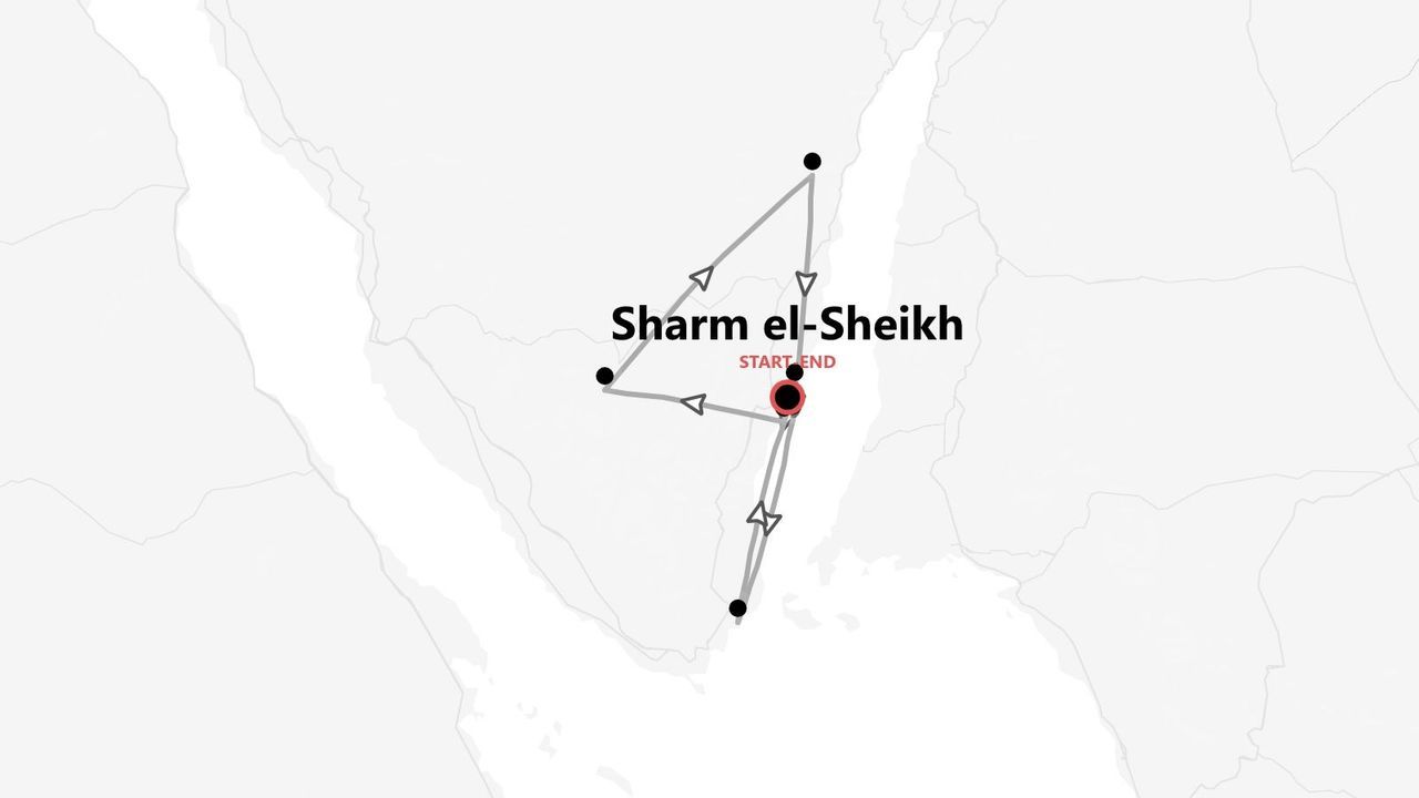 A map showing a travel itinerary starting and ending in Sharm el-Sheikh.