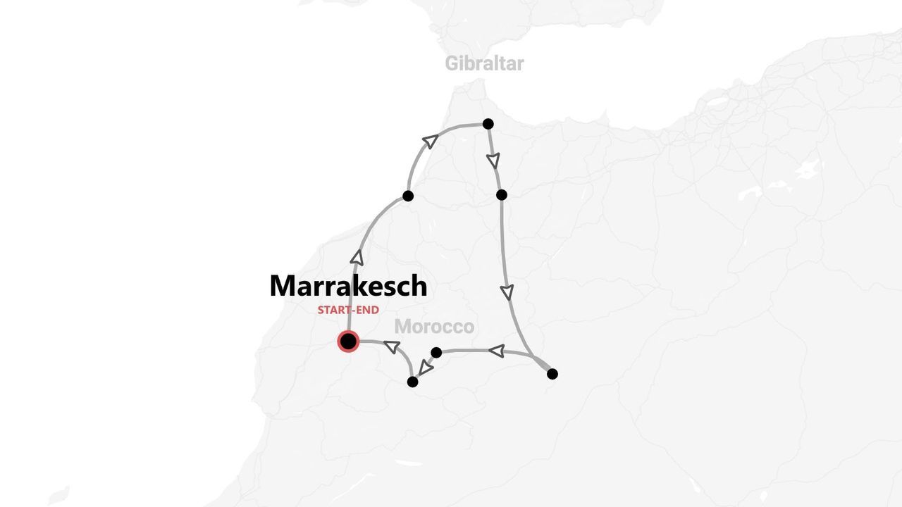 Eine Karte, die eine Reiseroute durch Marokko zeigt, beginnend und endend in der Stadt Marrakesch.